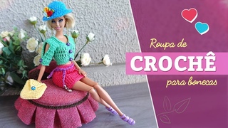 Blusa, saia, chapéu, bolsa e cinto de crochê para boneca